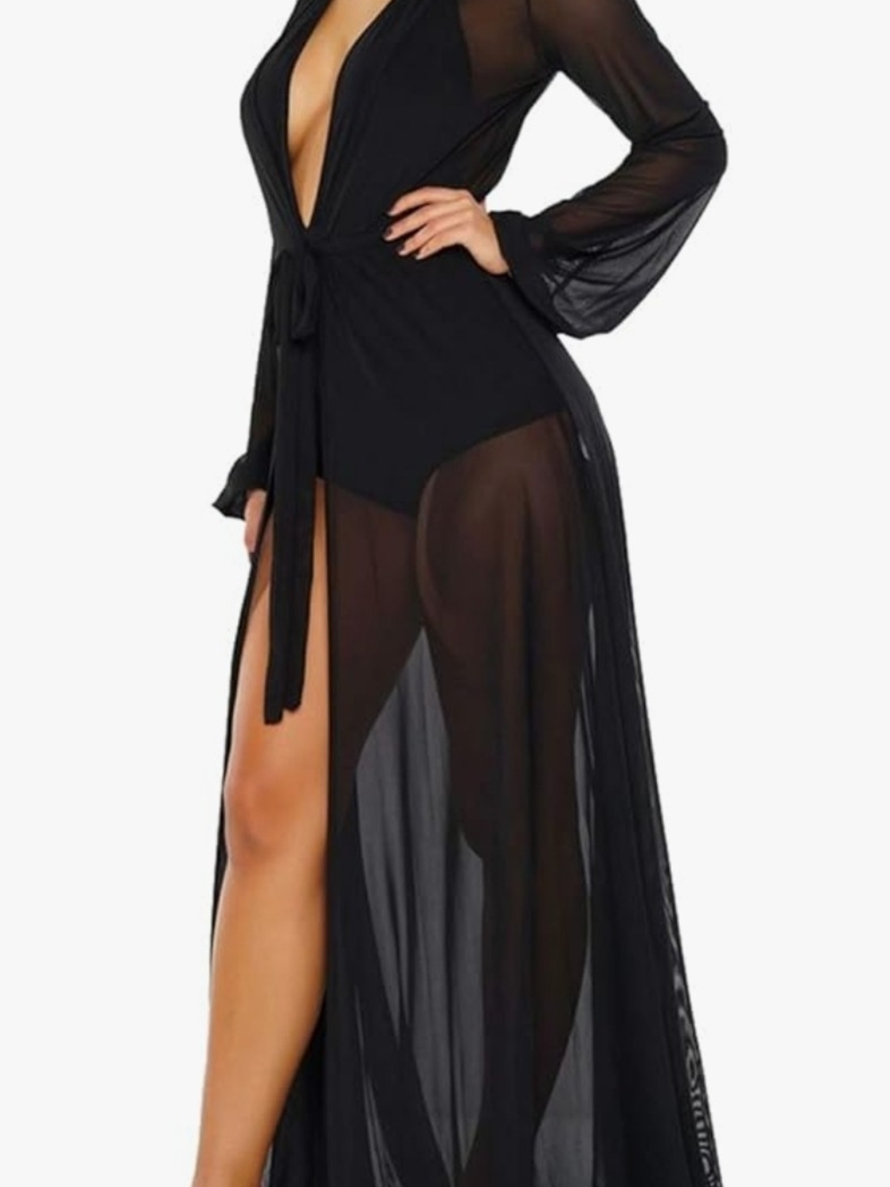 Sheer Black Long Robe Cover-Up with Tie Waist